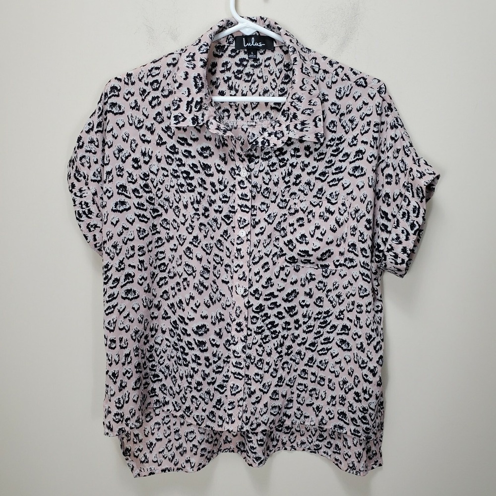 lulus pink leopard print top collar button up dolman sleeve Large high low‎ hem